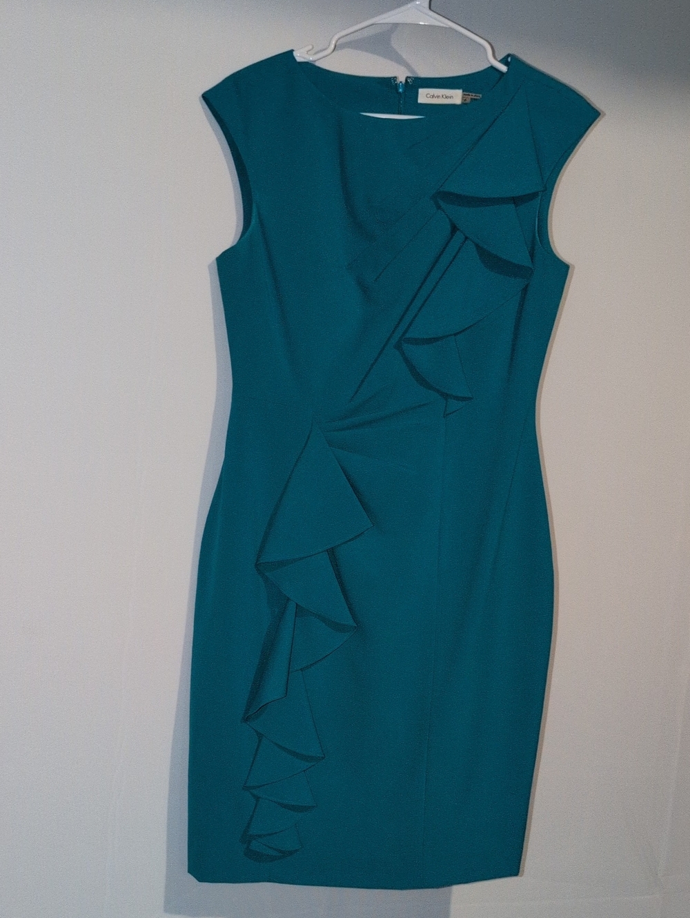 Calvin Klein Teal Ruffle Sheath Midi Dress